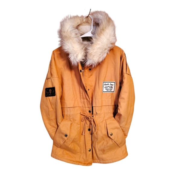 Jackets & Blazers - Yellow Fur Hooded Zipper Embellished Fleece Inside Military Coat